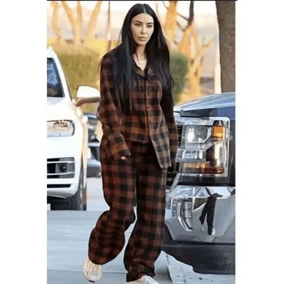 SKIMS Fleece‎ Plaid Top & Pant Sleep Set In Jasper Buffalo Check 2X NWT In Box
